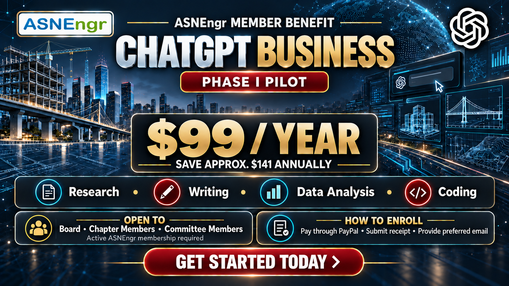 ASNEngr ChatGPT Business member benefit flyer: Phase I pilot, $99 per year